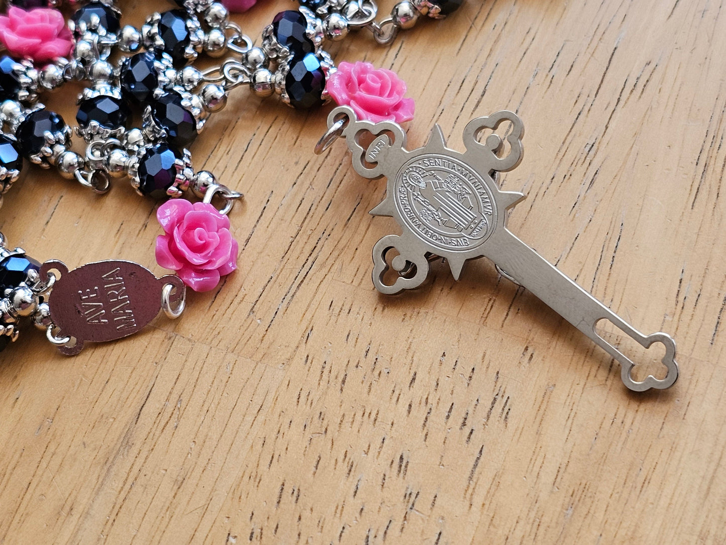 Handmade Pink Rose Black Catholic Rosary with Saint Benedict Silver Crucifix - Religious Christmas Gift