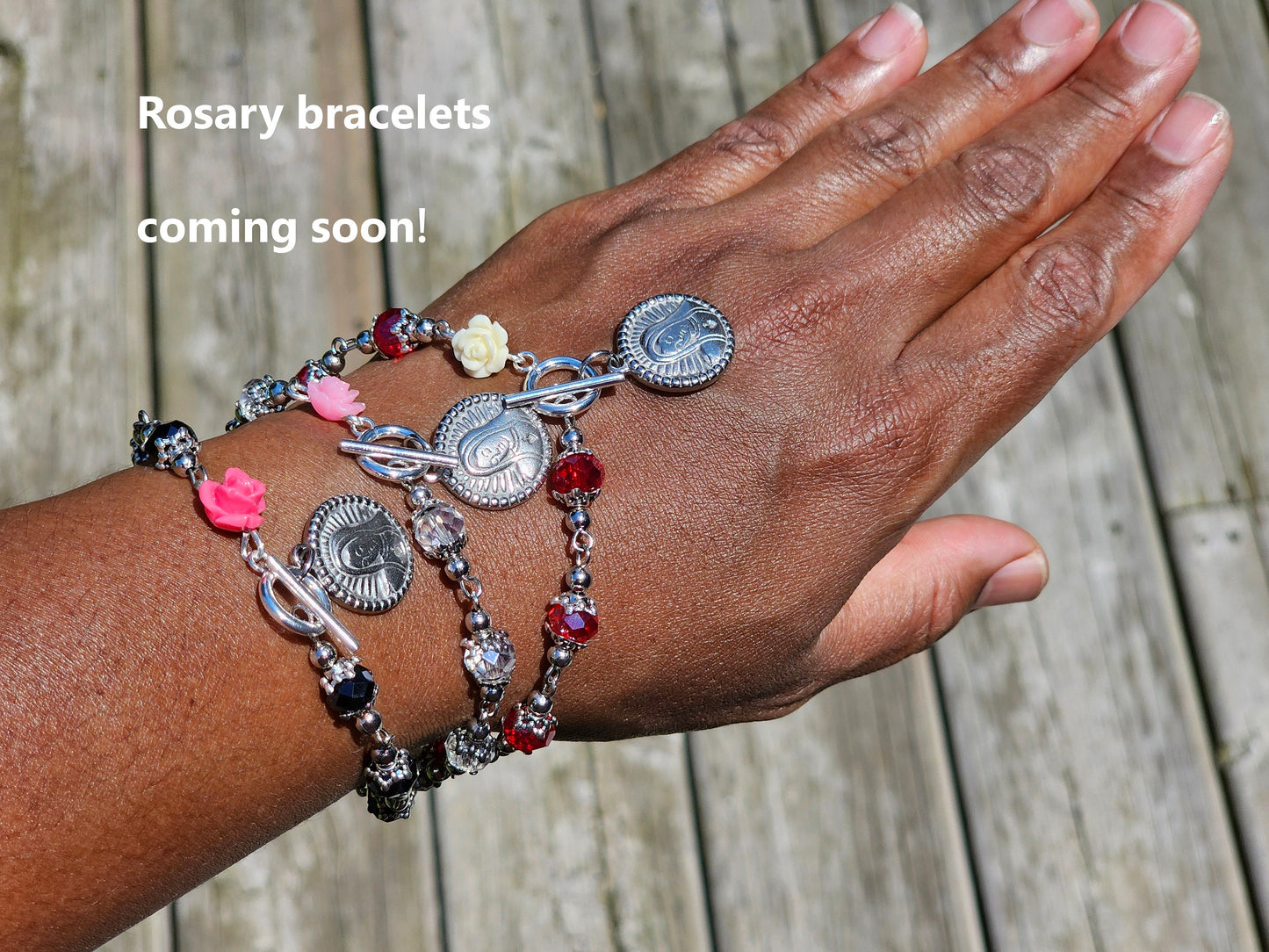 Rosary bracelets in various colours.