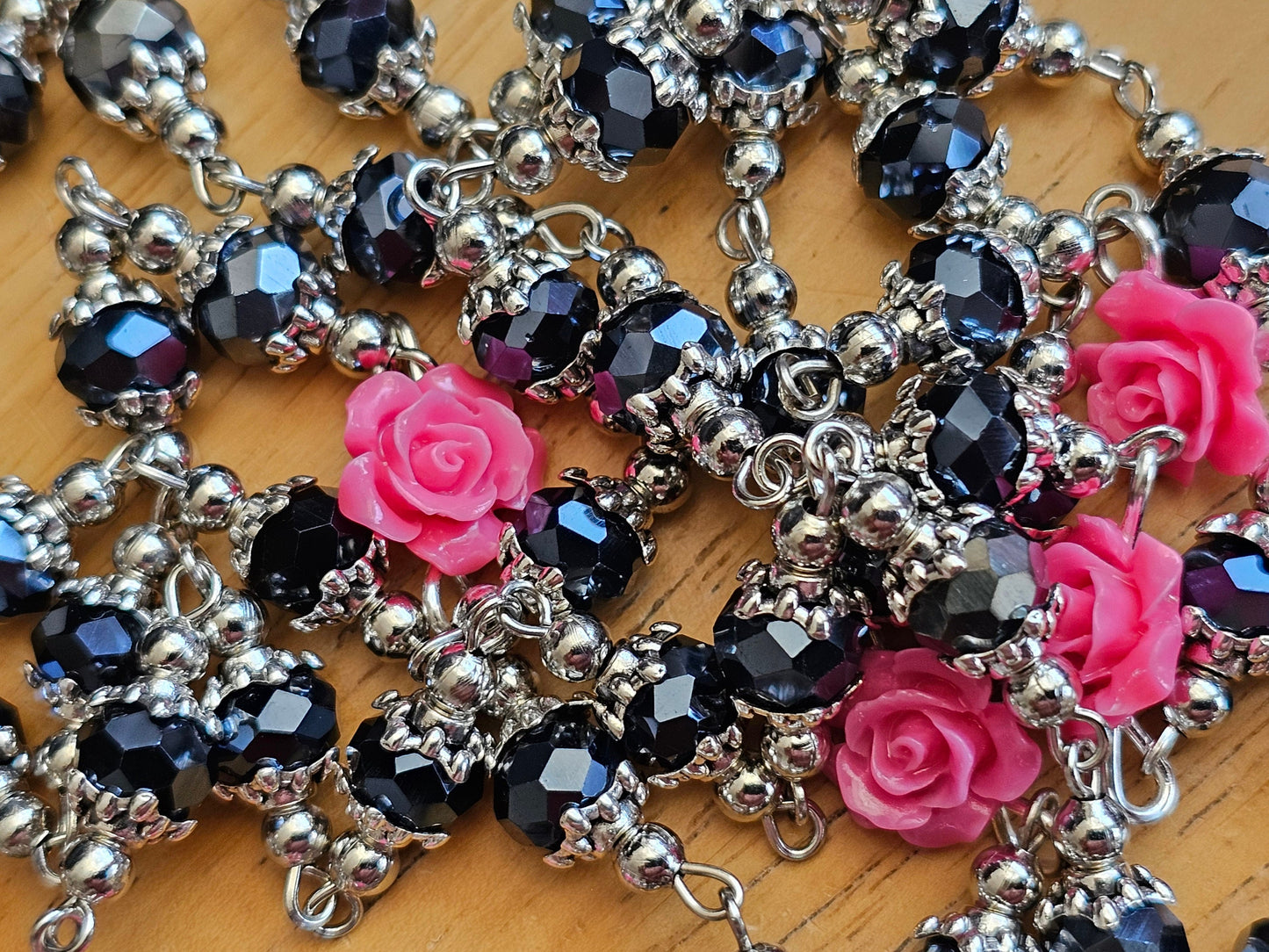 Handmade Pink Rose Black Catholic Rosary with Saint Benedict Silver Crucifix - Religious Christmas Gift