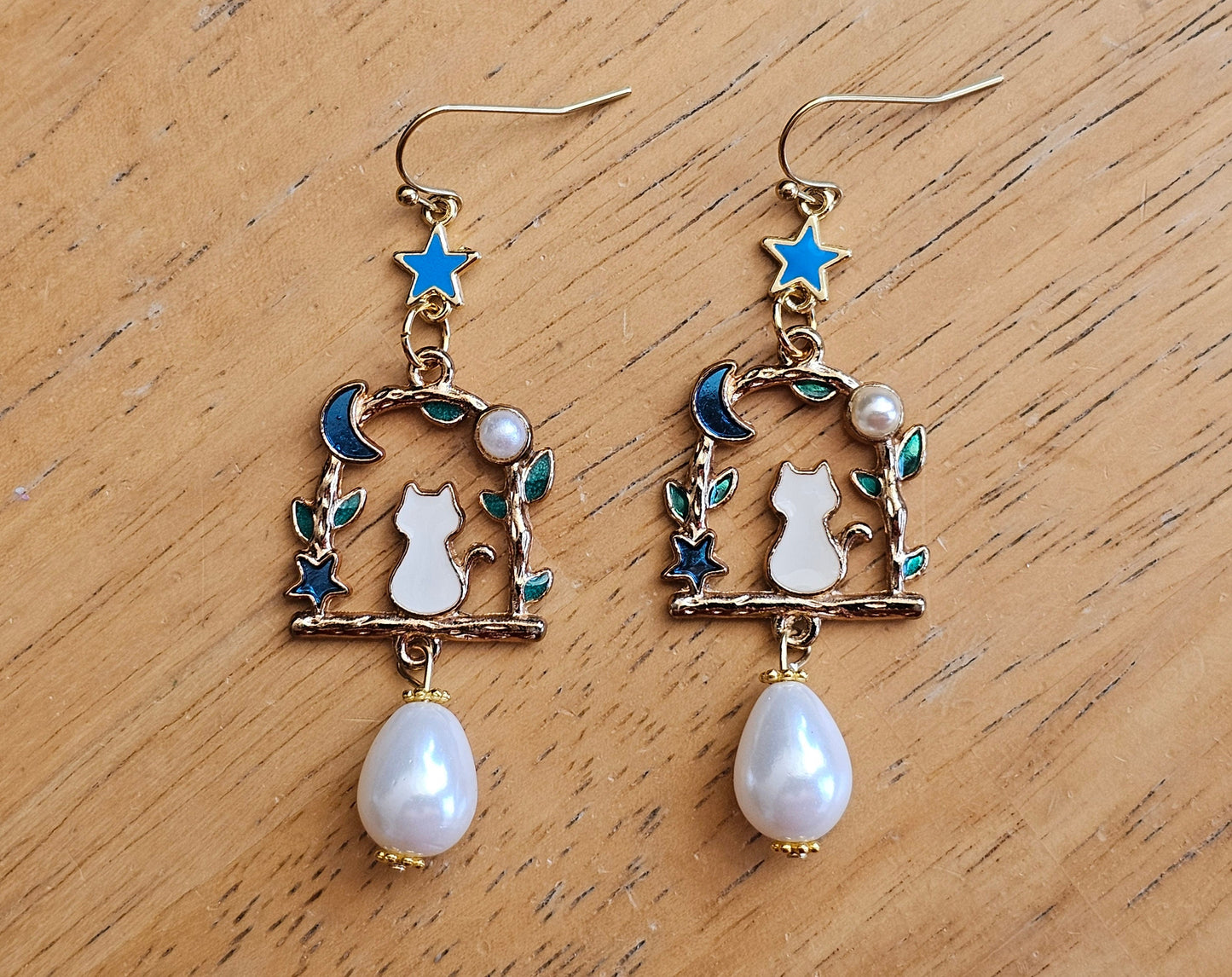 White Cat Earrings Pearl Earrings Star Earrings Cat on Swing Earring Celestial Jewelry Birthday Gift Holiday Earrings Christmas in July SALE