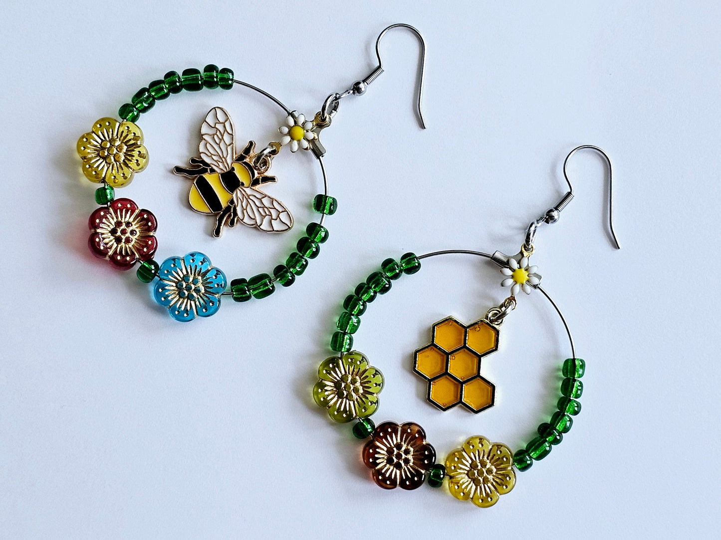 Honey Bee Earrings Honey Earrings Hypoallergenic Handmade Hoop Earrings Insect Earrings Bug Jewelry Mismatched Earrings Christmas in July