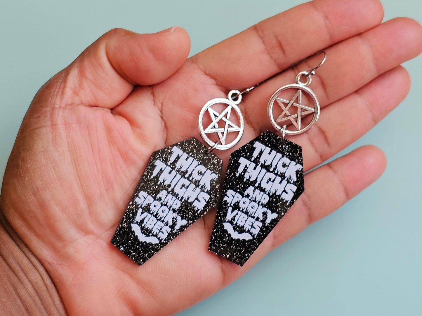 Handmade Pentacle Earrings - Halloween Coffin Earrings - Hypoallergenic for Sensitive Ears