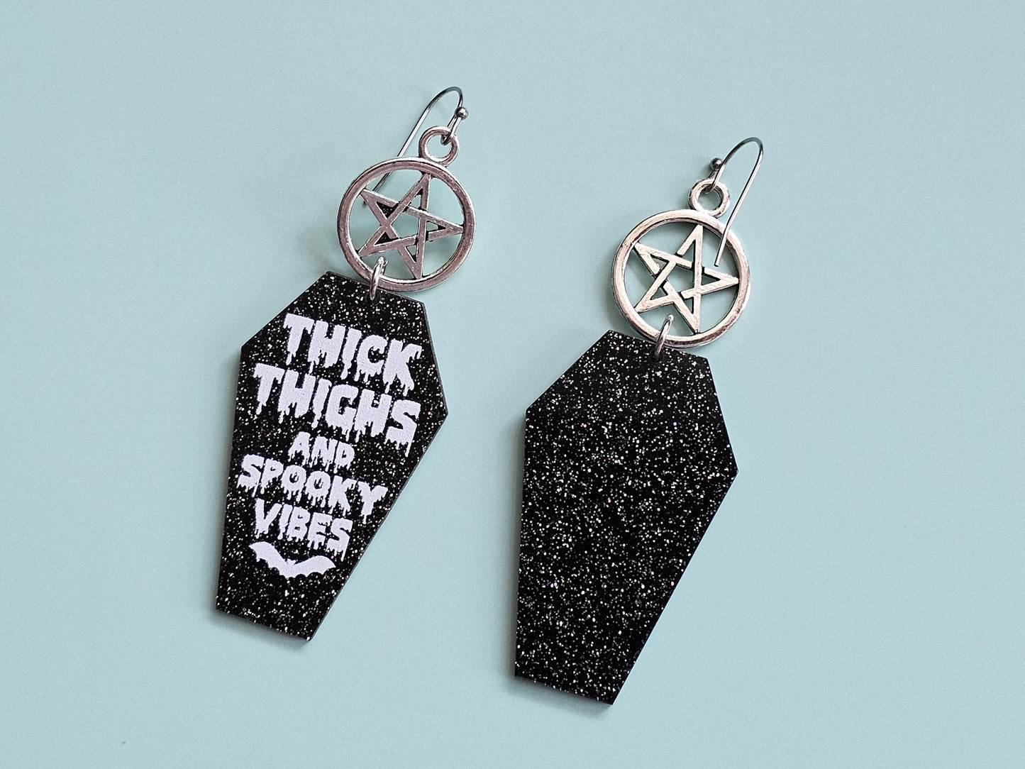 Handmade Pentacle Earrings - Halloween Coffin Earrings - Hypoallergenic for Sensitive Ears