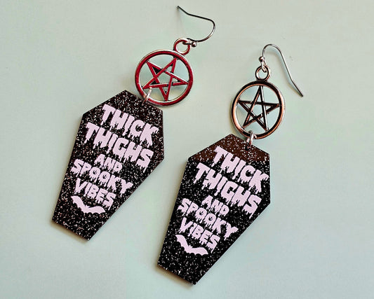 Handmade Pentacle Earrings - Halloween Coffin Earrings - Hypoallergenic for Sensitive Ears