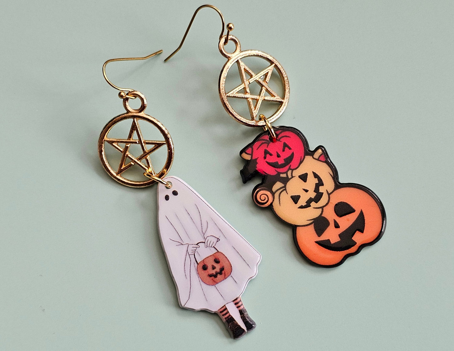 Handmade Ghost Earrings Jack O Lantern Earrings - Mismatched Halloween Earrings - Hypoallergenic for Sensitive Ears