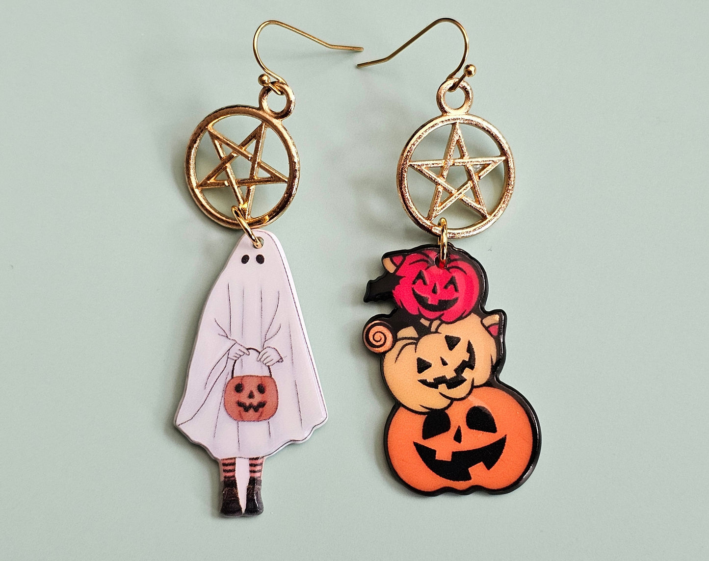 Handmade Ghost Earrings Jack O Lantern Earrings - Mismatched Halloween Earrings - Hypoallergenic for Sensitive Ears