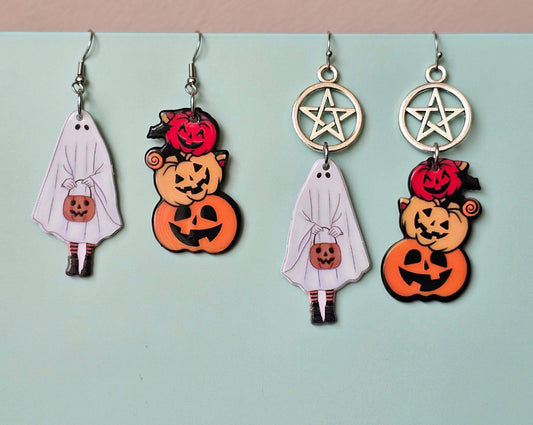 Cute jack o lantern earrings cute ghost earrings mismatched with or without pentacles