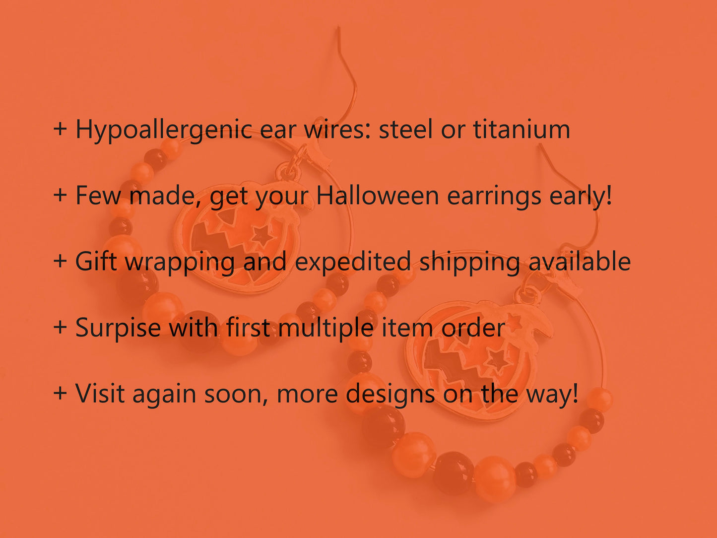 Handmade Jack O' Lantern Earrings - Hypoallergenic Halloween Beaded Hoop Earrings for Sensitive Ears