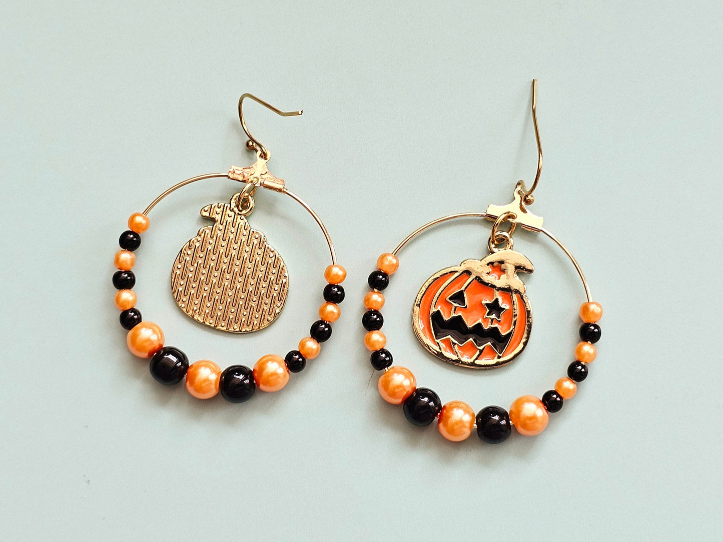 Handmade Jack O' Lantern Earrings - Hypoallergenic Halloween Beaded Hoop Earrings for Sensitive Ears