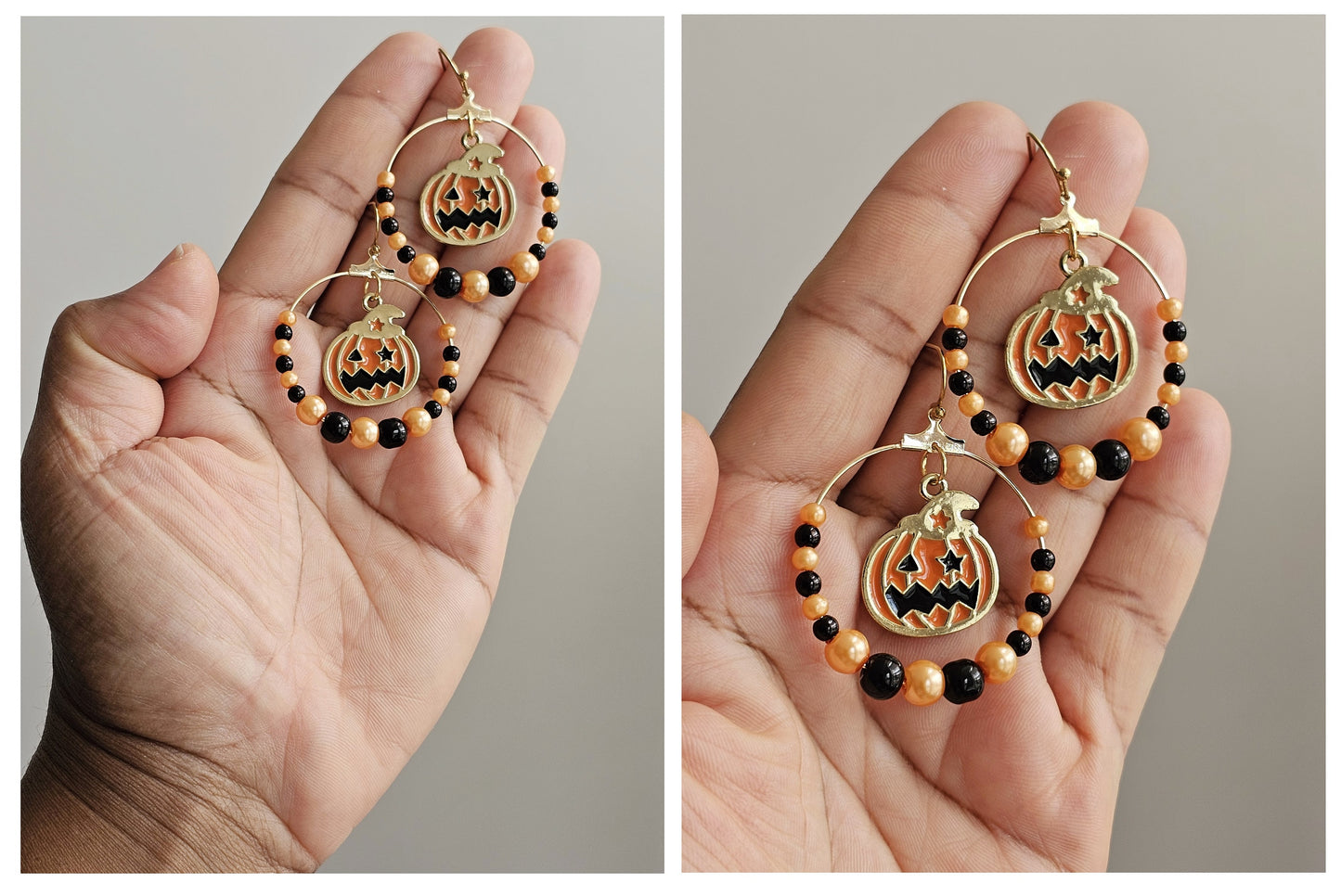 Handmade Jack O' Lantern Earrings - Hypoallergenic Halloween Beaded Hoop Earrings for Sensitive Ears