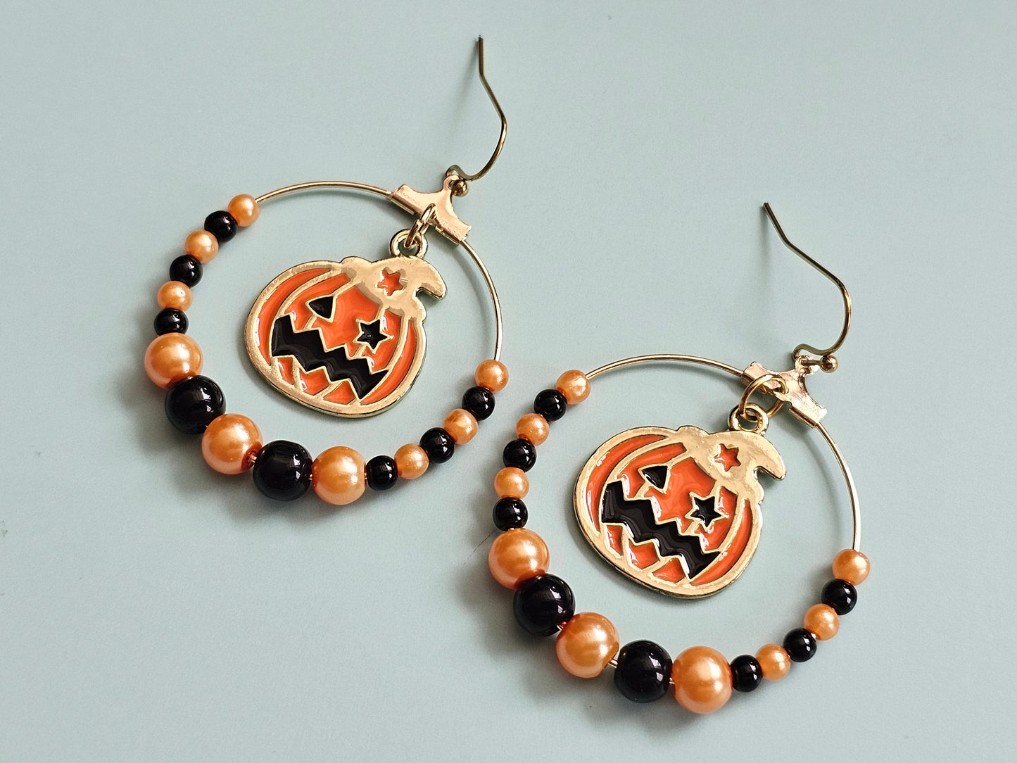 Handmade Jack O' Lantern Earrings - Hypoallergenic Halloween Beaded Hoop Earrings for Sensitive Ears