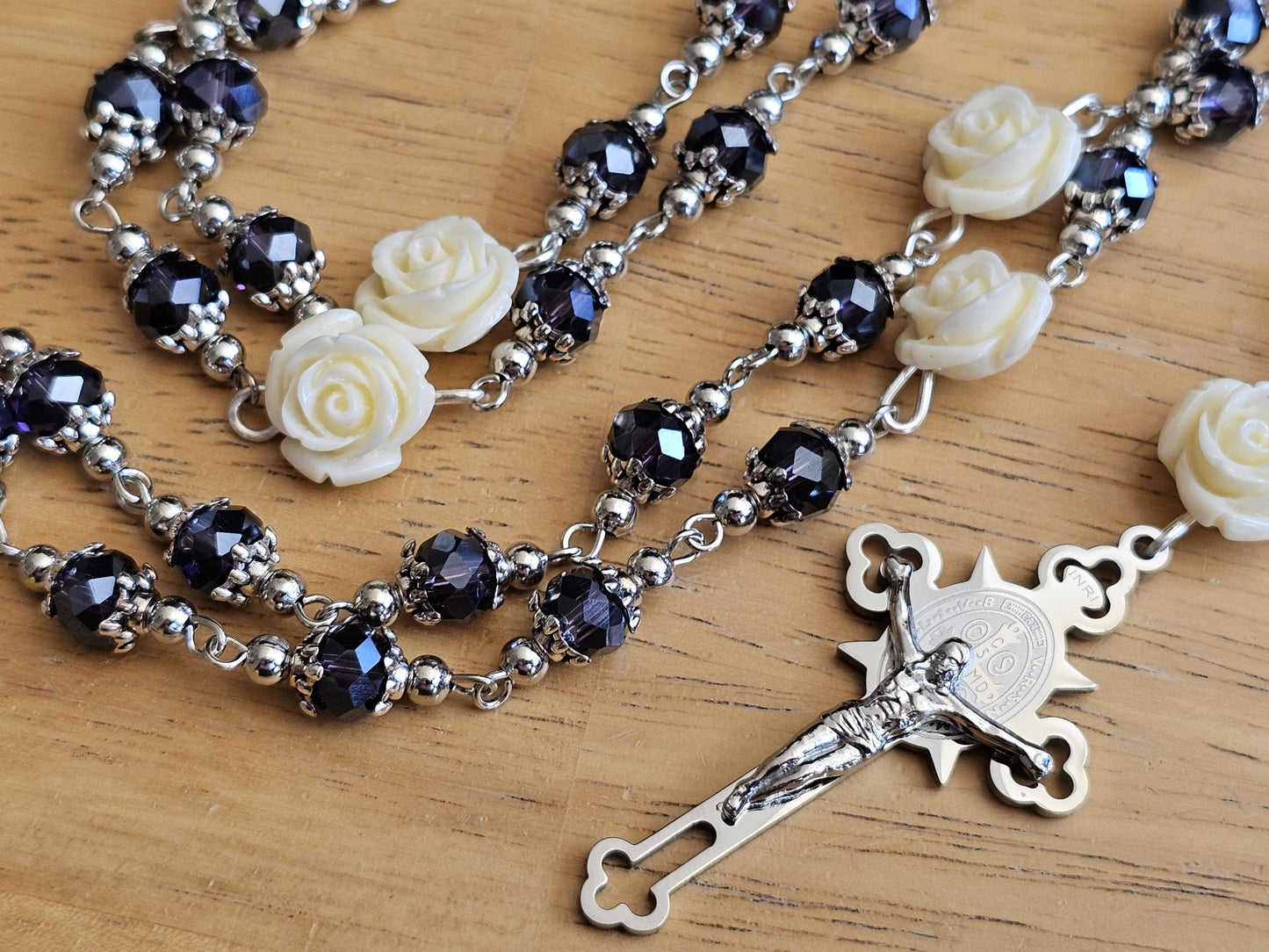 Handmade White Rose Catholic Rosary with Saint Benedict Silver Crucifix - Religious Christmas Gift