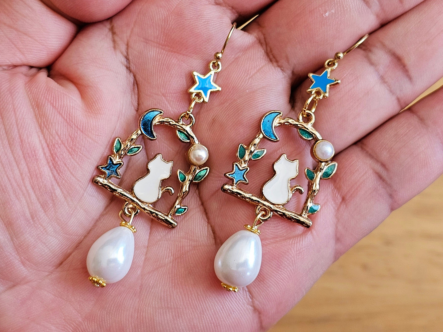 White Cat Earrings Pearl Earrings Star Earrings Cat on Swing Earring Celestial Jewelry Birthday Gift Holiday Earrings Christmas in July SALE