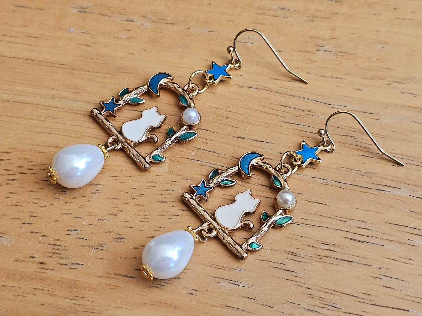 White Cat Earrings Pearl Earrings Star Earrings Cat on Swing Earring Celestial Jewelry Birthday Gift Holiday Earrings Christmas in July SALE