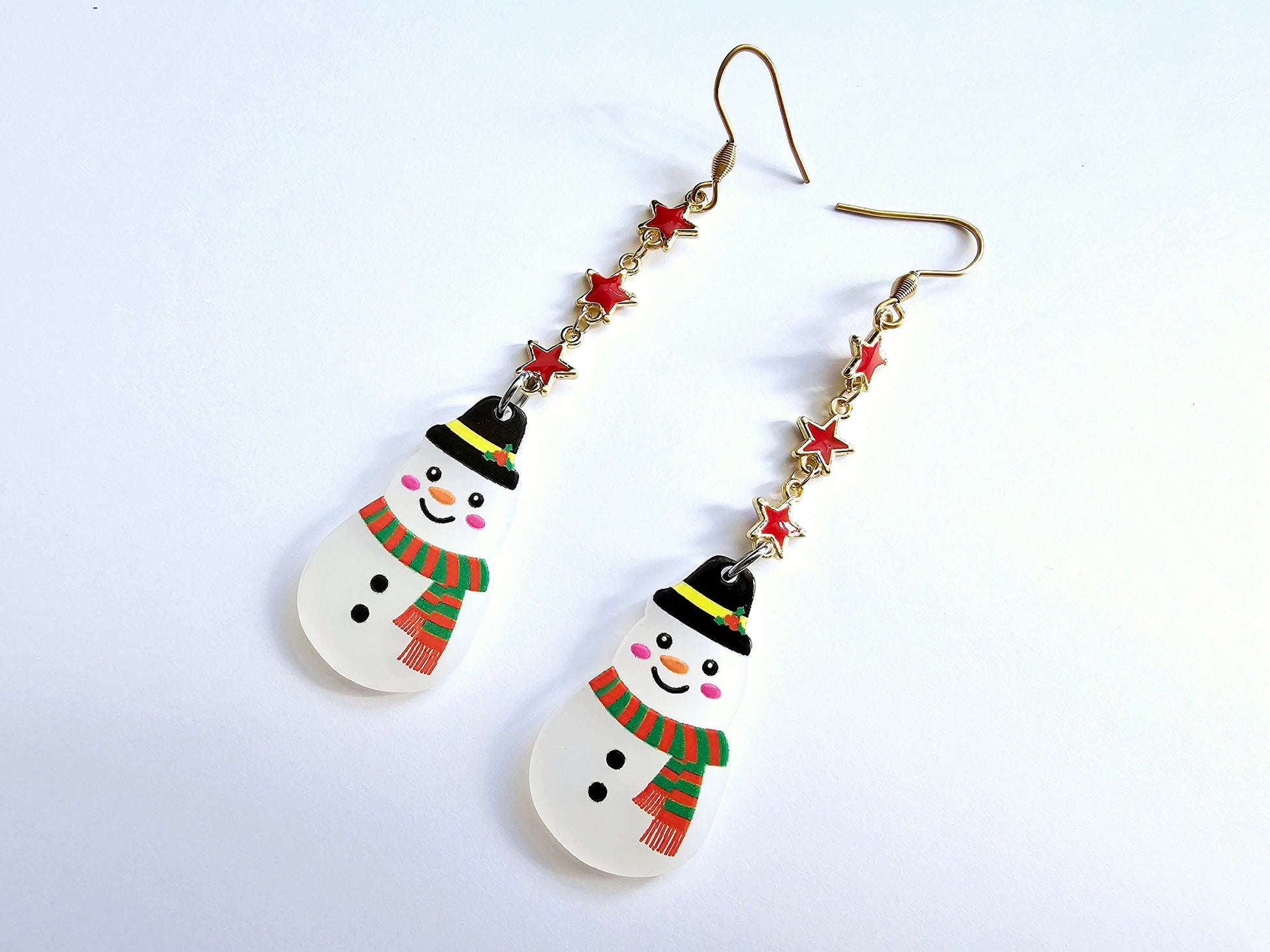 Red star earrings with snowman winter jewelry