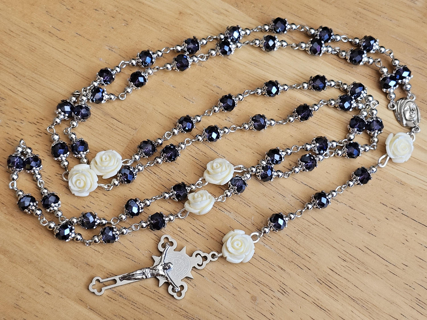 Handmade White Rose Catholic Rosary with Saint Benedict Silver Crucifix - Religious Christmas Gift