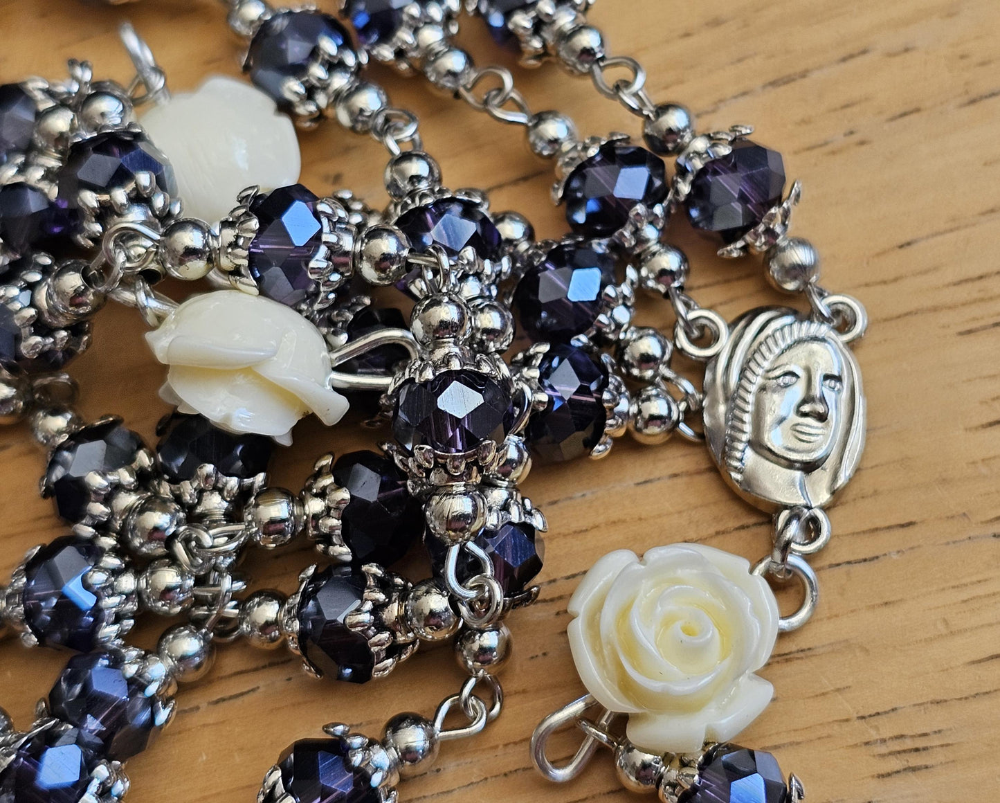 Handmade White Rose Catholic Rosary with Saint Benedict Silver Crucifix - Religious Christmas Gift