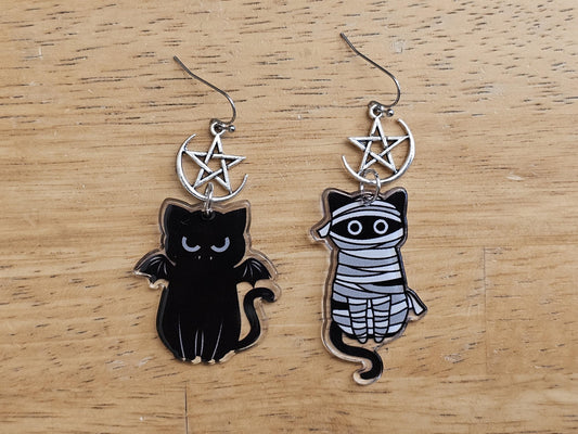 Handmade earrings, Mismatched cat earrings with hypoallergenic ear wires.