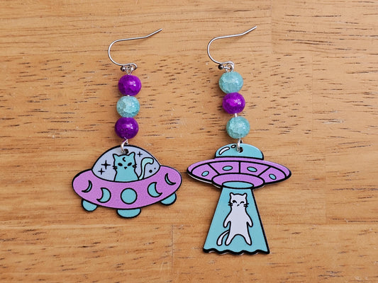 Alien Cat Earrings - Handmade Alien Abduction Earrings - Hypoallergenic Flying Saucer Earrings