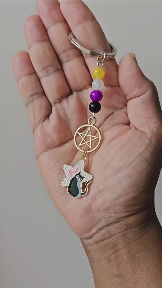 Handmade Nonbinary Pride Keychains, Cat Keyring Dog Keychain, Pentagram Keyring, LGBTQ+ Key Fob Star Keychain