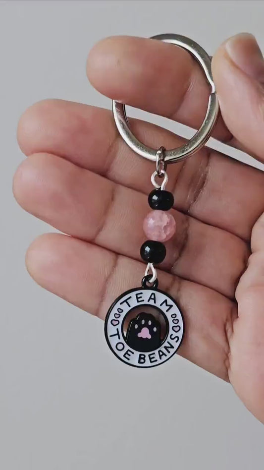 Handmade Black Cat Toe Beans Keychain, Gemstone Beaded Keychain