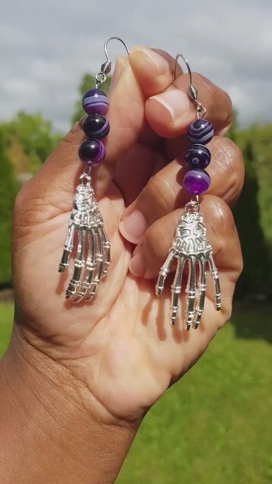 Handmade Skeleton Hand Gemstone Dangle Earrings - Hypoallergenic Gothic Gift