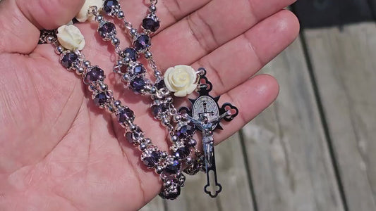 Handmade White Rose Catholic Rosary with Saint Benedict Silver Crucifix - Religious Christmas Gift