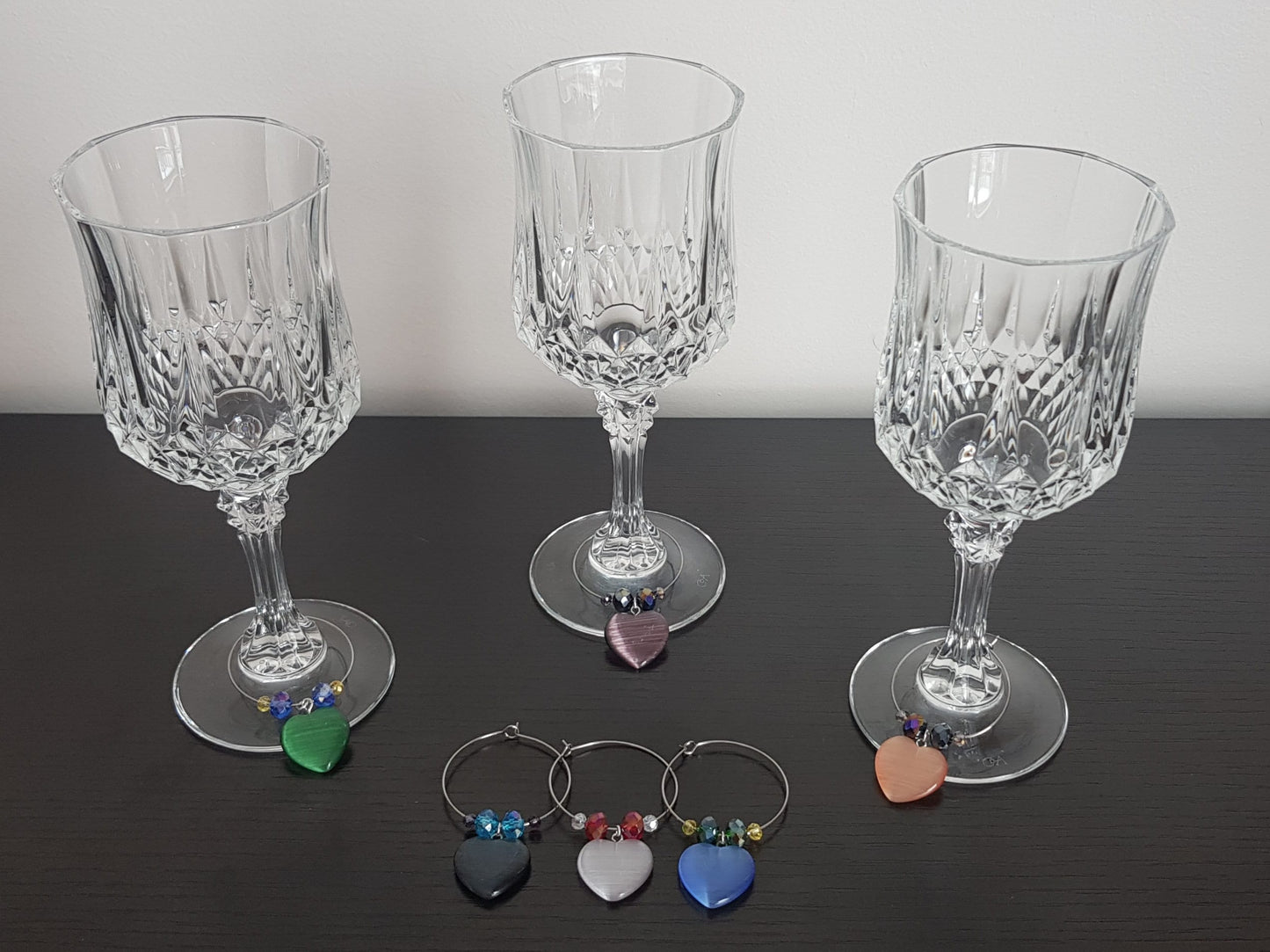 Handmade Gemstone Heart Wine Glass Charms Set of 6 - Barware Housewarming Gift