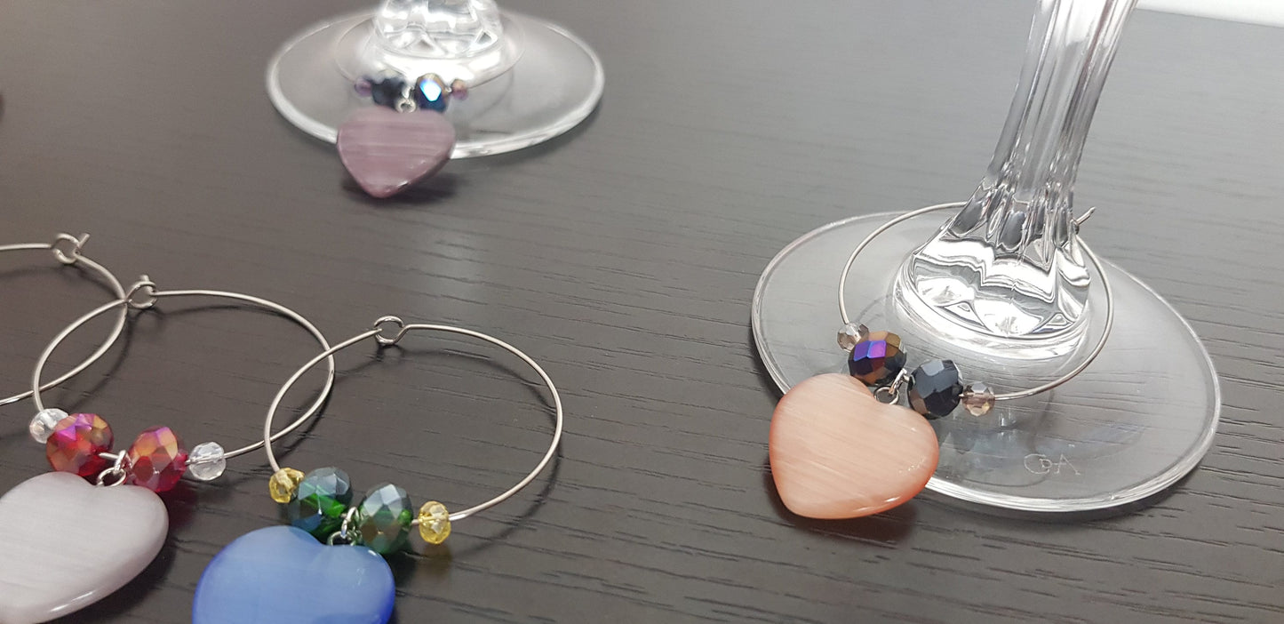 Handmade Gemstone Heart Wine Glass Charms Set of 6 - Barware Housewarming Gift