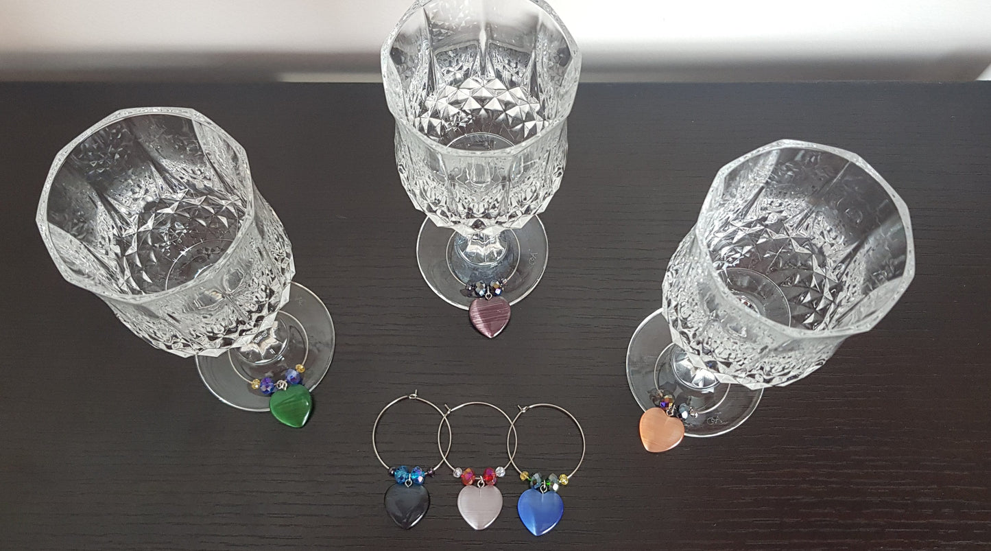 Handmade Gemstone Heart Wine Glass Charms Set of 6 - Barware Housewarming Gift