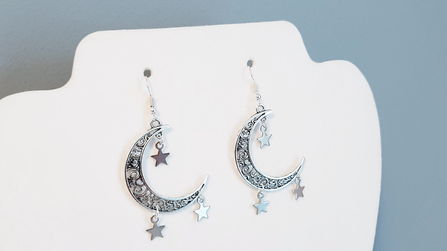 Handmade Filigree Crescent Moon and Star Earrings - Astronomy Gift - Hypoallergenic Easter Gift