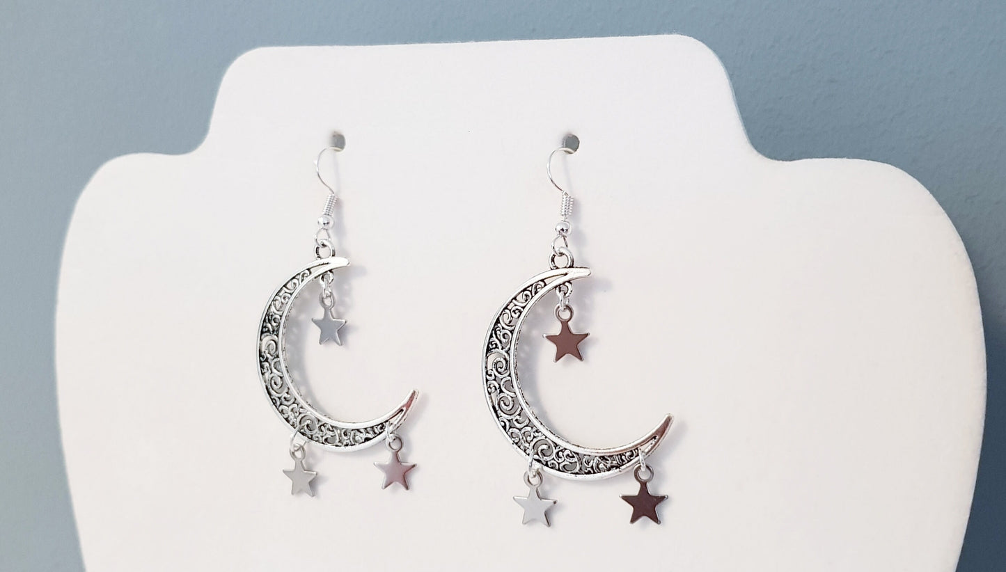 Handmade Filigree Crescent Moon and Star Earrings - Astronomy Gift - Hypoallergenic Easter Gift