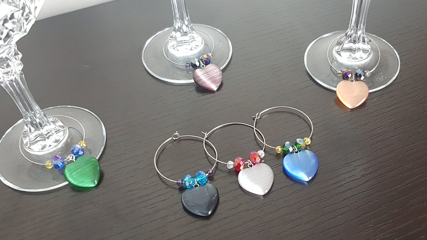 Handmade Gemstone Heart Wine Glass Charms Set of 6 - Barware Housewarming Gift