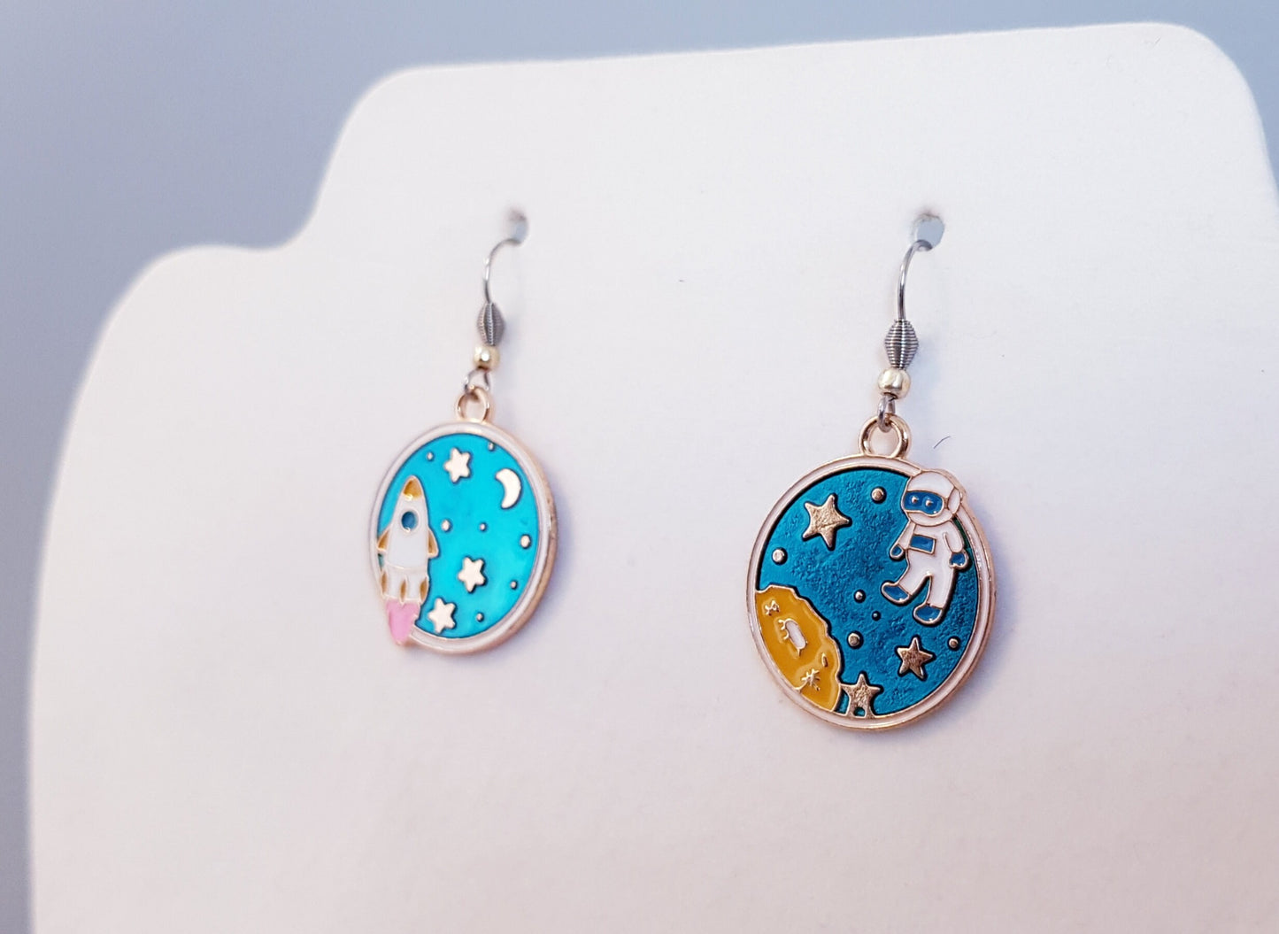 Mismatched Astronaut Earrings - Hypoallergenic Spaceship Earrings - Celestial Moon and Star Earrings