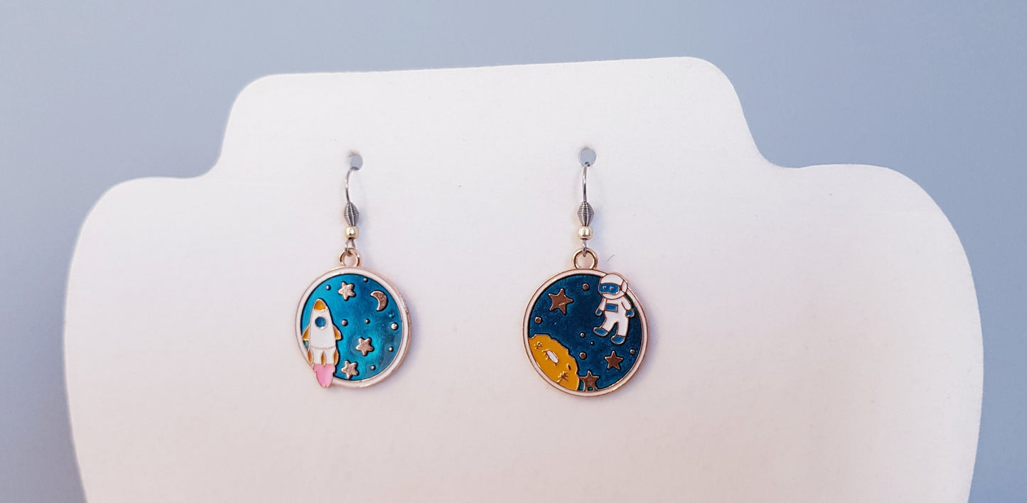 Mismatched Astronaut Earrings - Hypoallergenic Spaceship Earrings - Celestial Moon and Star Earrings