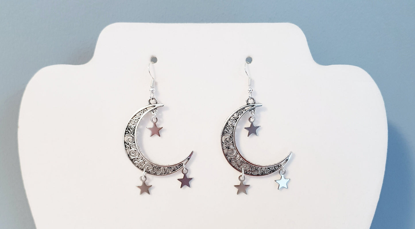 Handmade Filigree Crescent Moon and Star Earrings - Astronomy Gift - Hypoallergenic Easter Gift