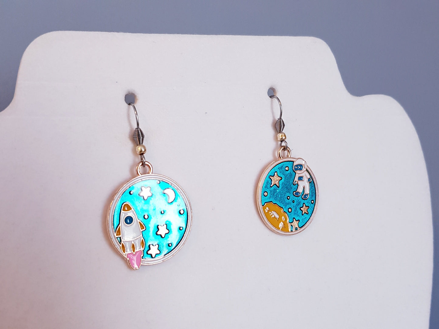 Mismatched Astronaut Earrings - Hypoallergenic Spaceship Earrings - Celestial Moon and Star Earrings