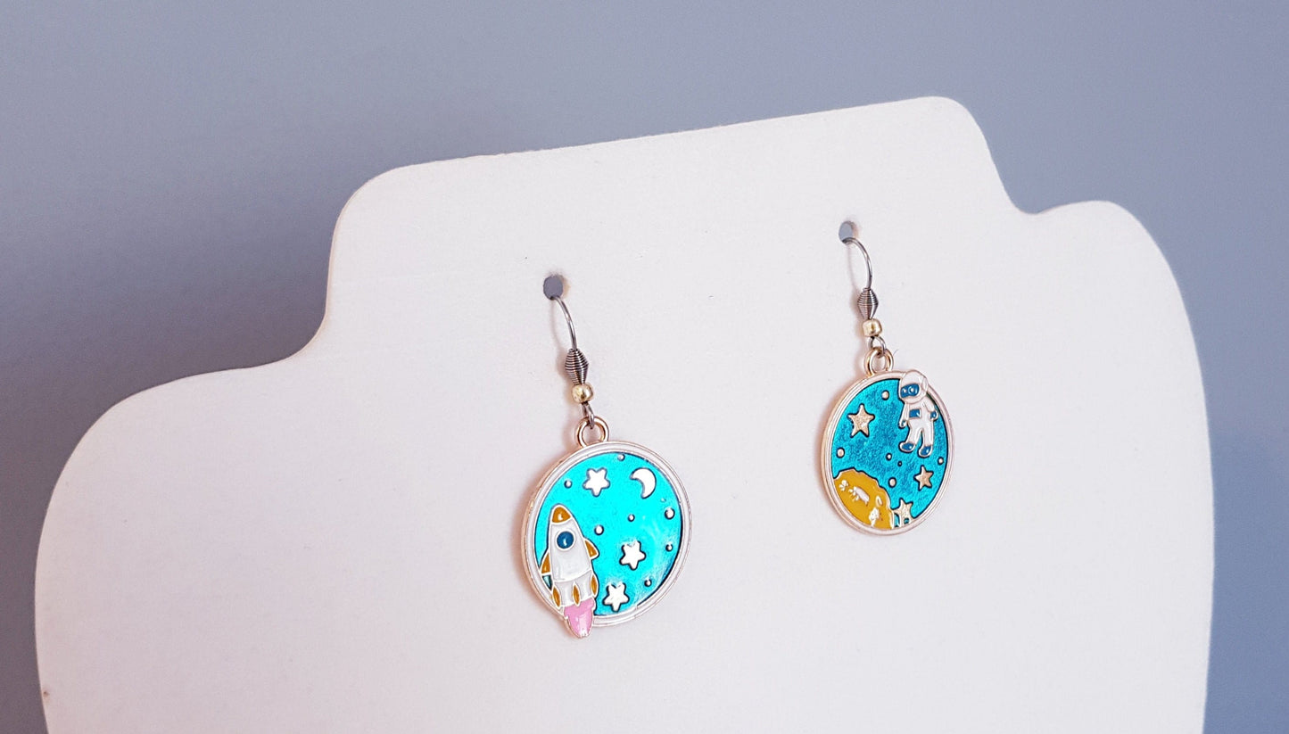 Mismatched Astronaut Earrings - Hypoallergenic Spaceship Earrings - Celestial Moon and Star Earrings