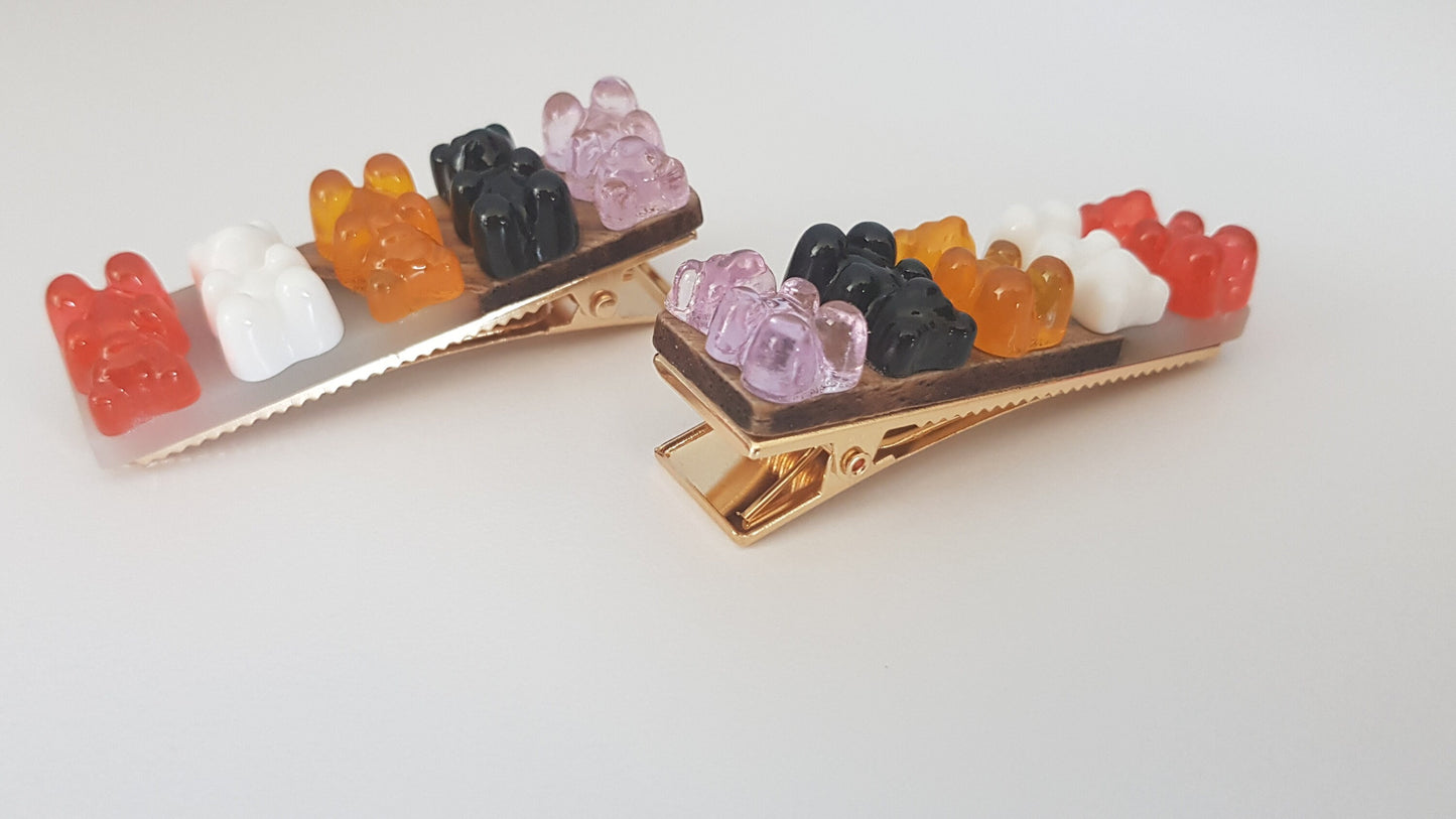 Candy Bear Crocodile Clips - Cute Hair Accessory for Girls - Candy Foodie gifts - One Pair Bamboo Clips