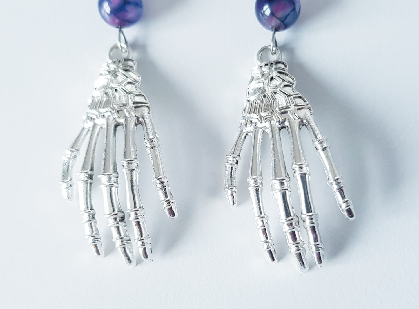 Gemstone Skeleton Hand Earrings, Hypoallergenic Handmade Gothic Halloween Earrings