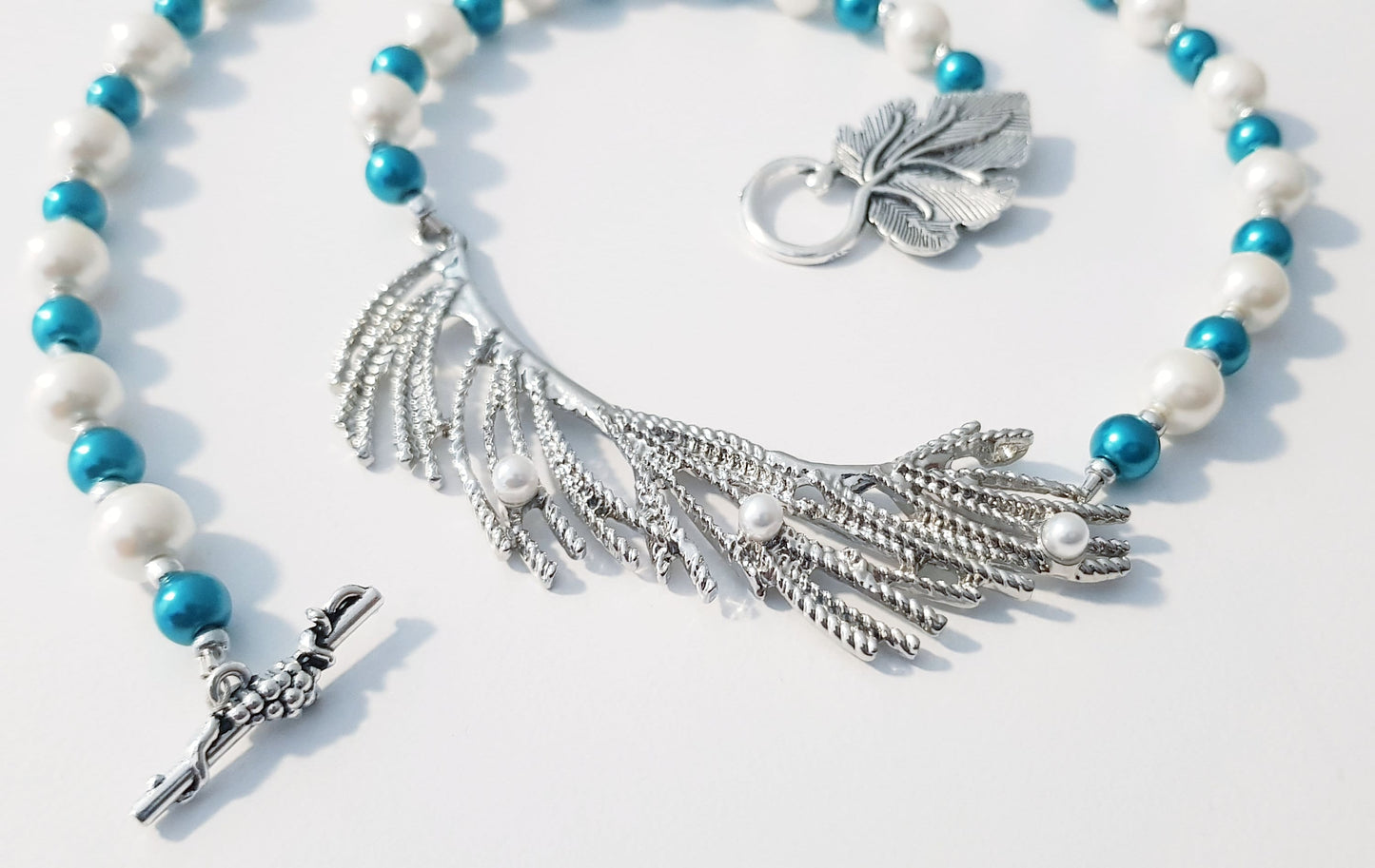 Handmade Double Brooch Feather Leaf Pearl Necklace - Turquoise Blue White Silver Bridal Necklace