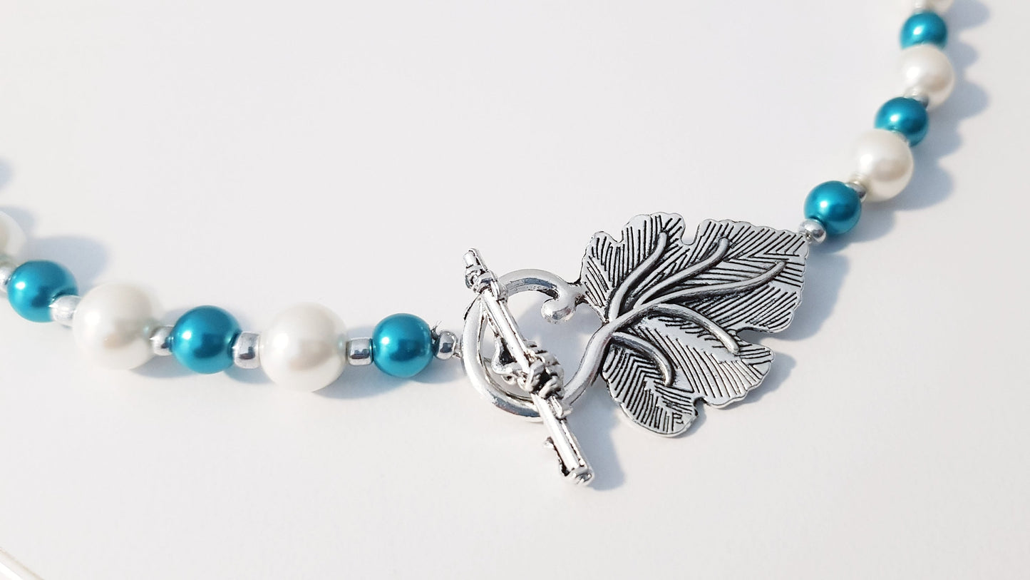 Handmade Double Brooch Feather Leaf Pearl Necklace - Turquoise Blue White Silver Bridal Necklace