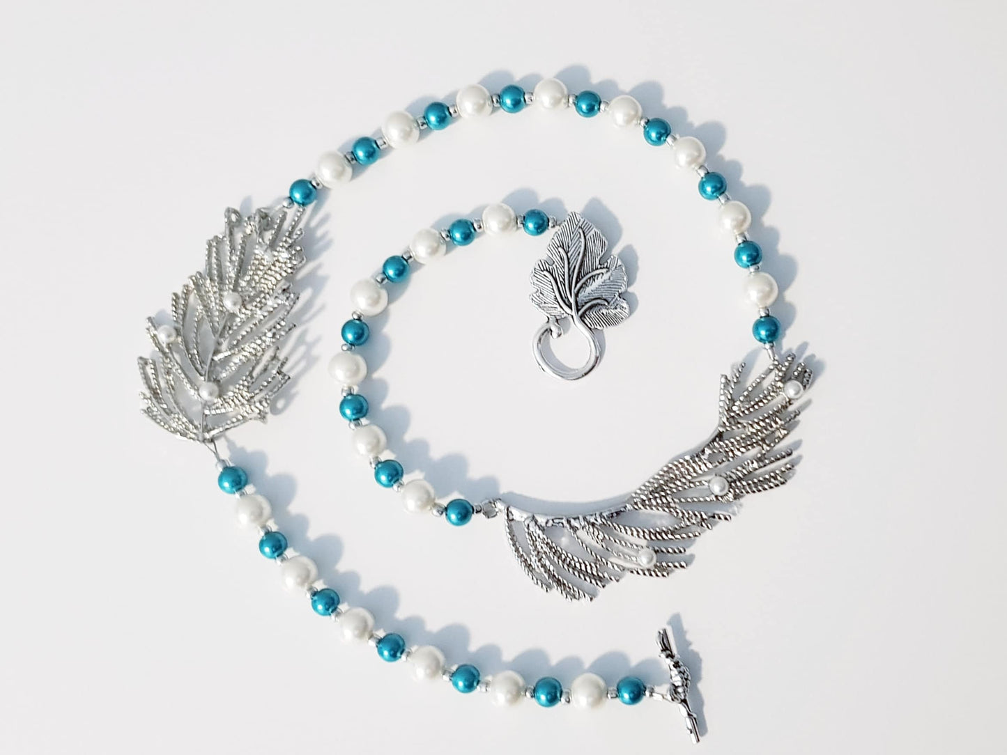 Handmade Double Brooch Feather Leaf Pearl Necklace - Turquoise Blue White Silver Bridal Necklace