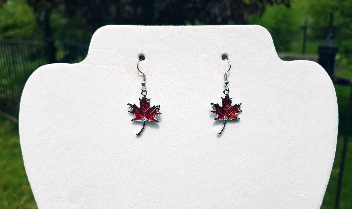 Handmade Ruby Red Maple Leaf Earrings - Hypoallergenic Canada Souvenir