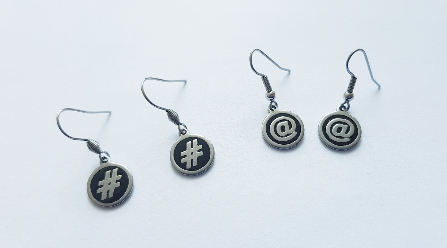 Handmade Hashtag Earrings - At Sign Earrings - Hypoallergenic Social Media Sign Gifts - Mismatched Earrings