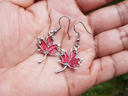 Handmade Ruby Red Maple Leaf Earrings - Hypoallergenic Canada Souvenir