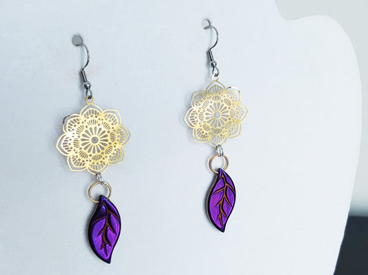 Handmade Gemstone Leaf Earrings - Hypoallergenic Purple and Gold Flower Earrings - Anniversary Gift