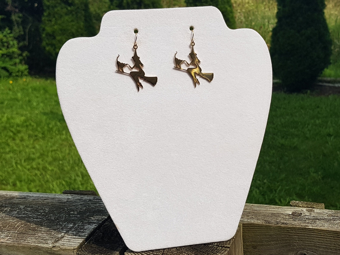 Gold Witch with Cat Earrings - Hypoallergenic Handmade Halloween Jewelry - Witch on Broom Statement Earrings