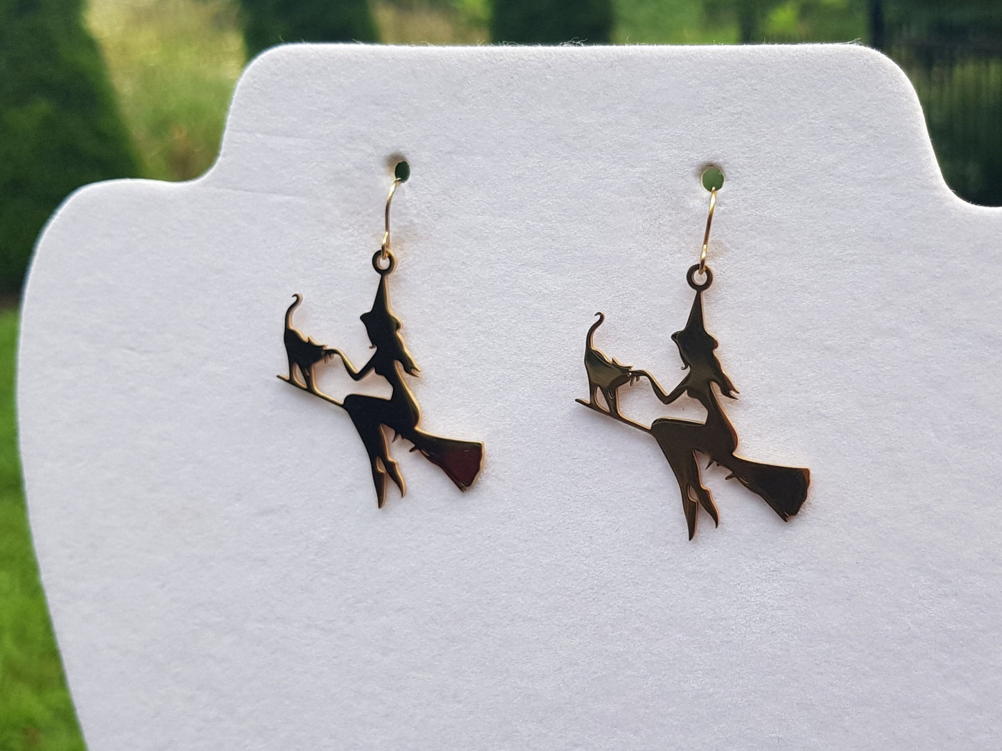 Gold Witch with Cat Earrings - Hypoallergenic Handmade Halloween Jewelry - Witch on Broom Statement Earrings