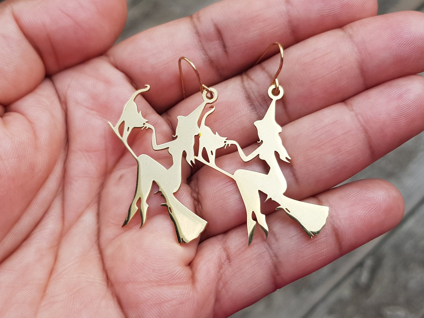 Gold Witch with Cat Earrings - Hypoallergenic Handmade Halloween Jewelry - Witch on Broom Statement Earrings